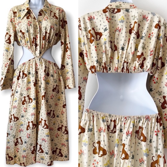 **RARE** NWOT Rhode Yellow Cutout Dress Meadow Animal Print Long Sleeves - Picture 1 of 11